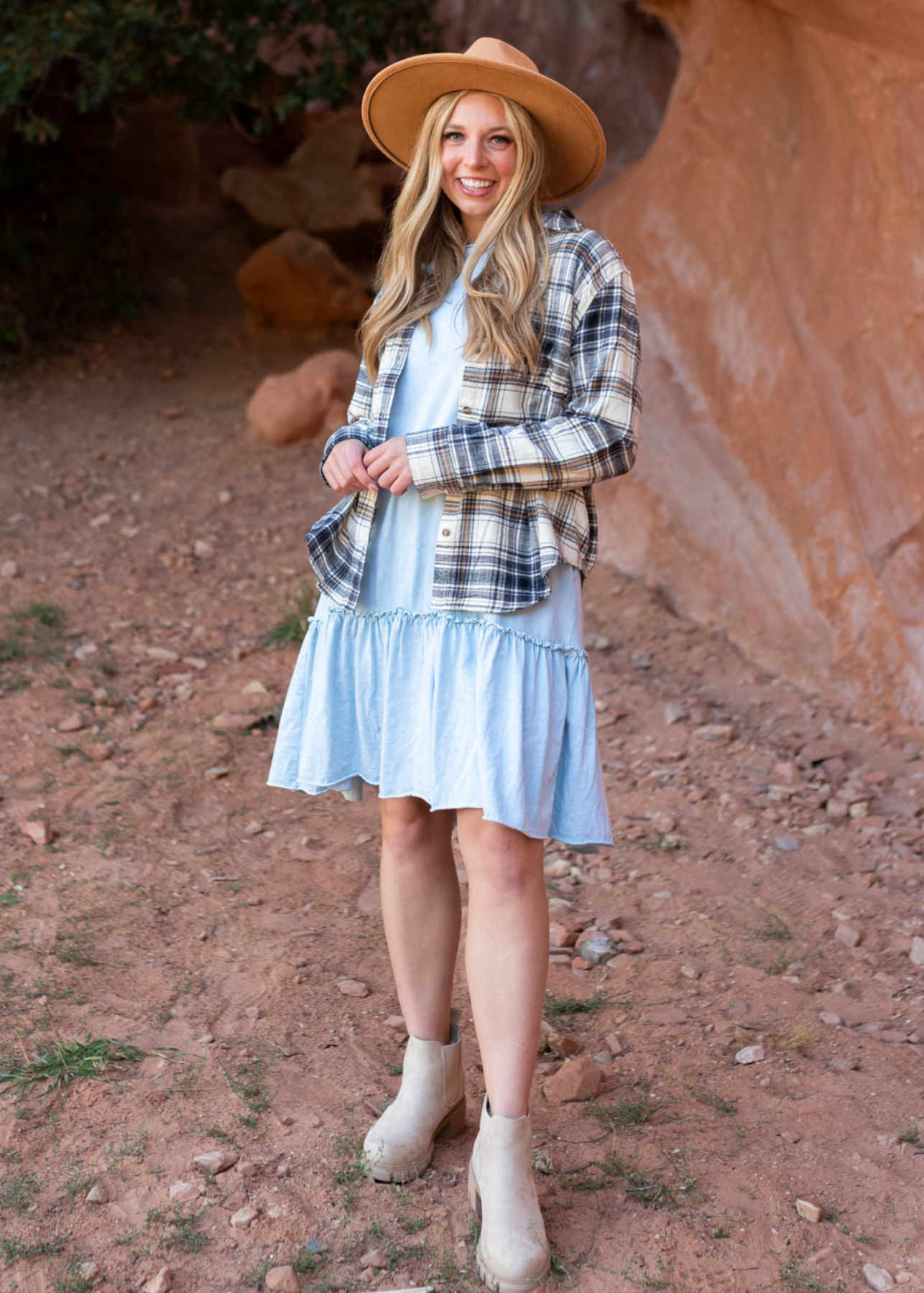 Sky blue dress with a ruffle at them and is knee length, shirt not included