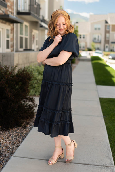 Satin deep navy dress with short sleeves