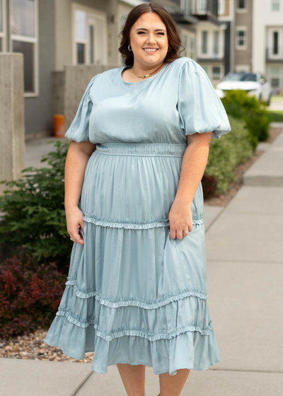 Short sleeve plus size french blue dress with puff sleeves