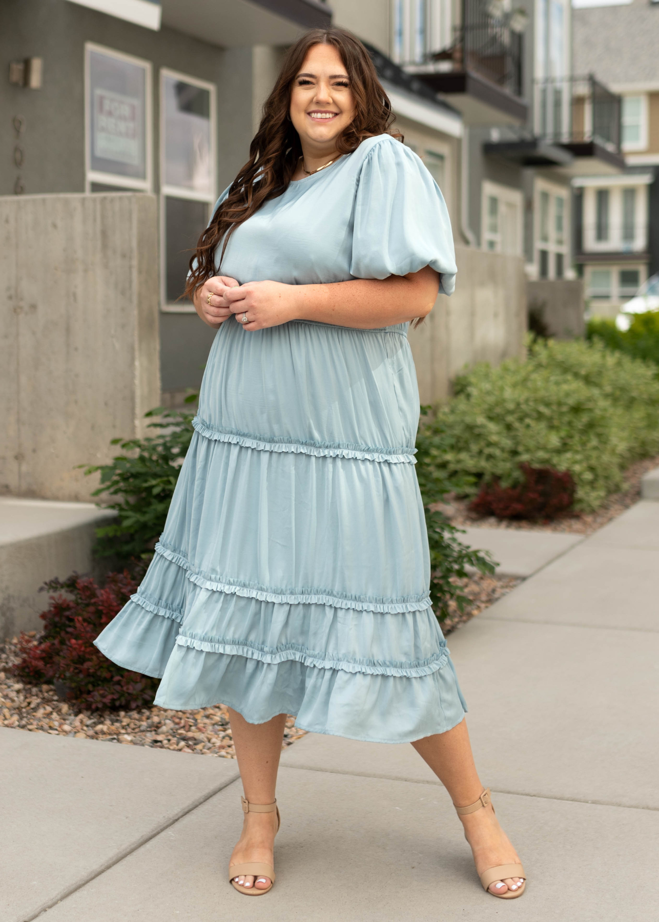 Plus size french blue dress with ruffles on the skirt
