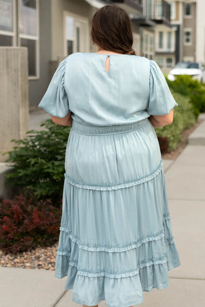 Back view of a plus size french blue dress