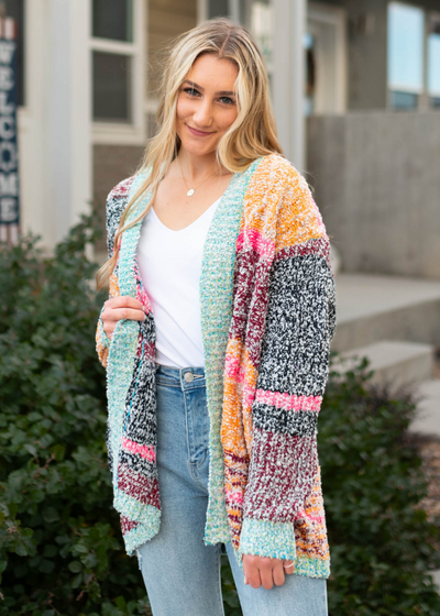 Heathered multi knit open cardigan