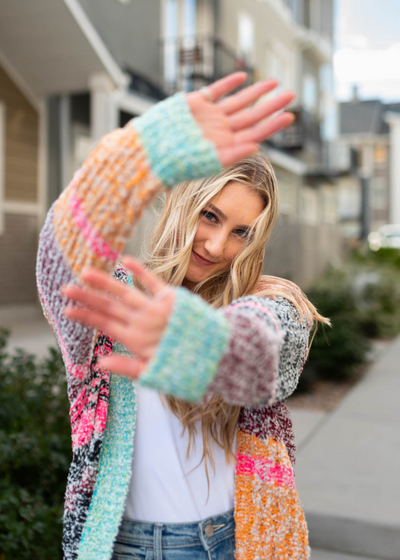 Long sleeve multi knit open cardigan with mint trim
