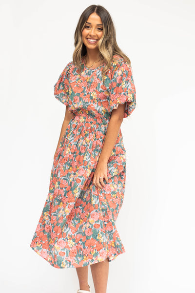 Cotton coral floral dress with short sleeves