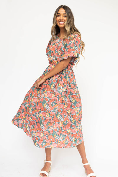Short sleeve coral floral dress with puff sleeves