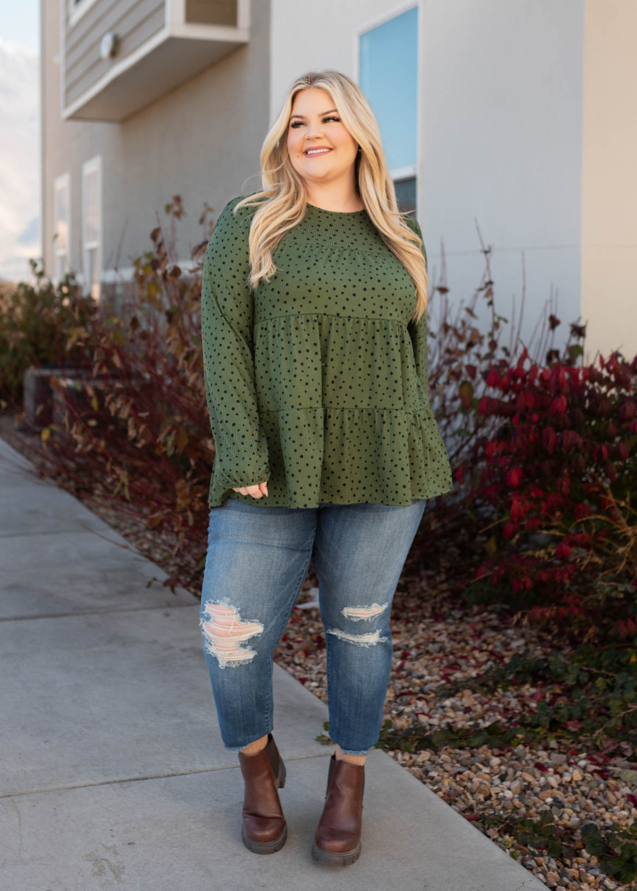 Long sleeve plus size olive tiered top