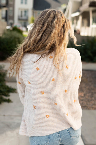 Back view of a long sleeve cream cardigan