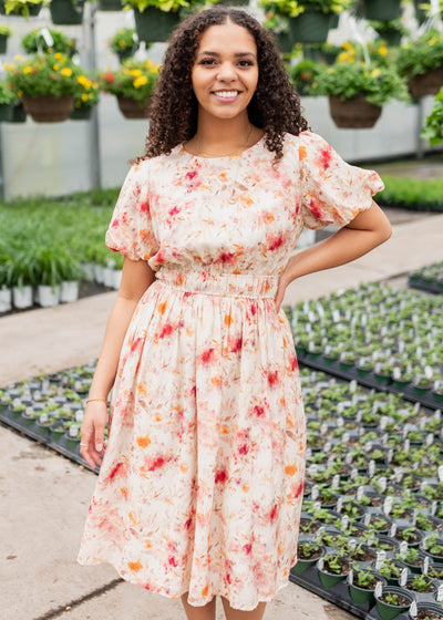 Multi floral printed dress with short sleeves