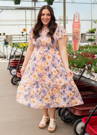 Short sleeve multi colored blush floral dress