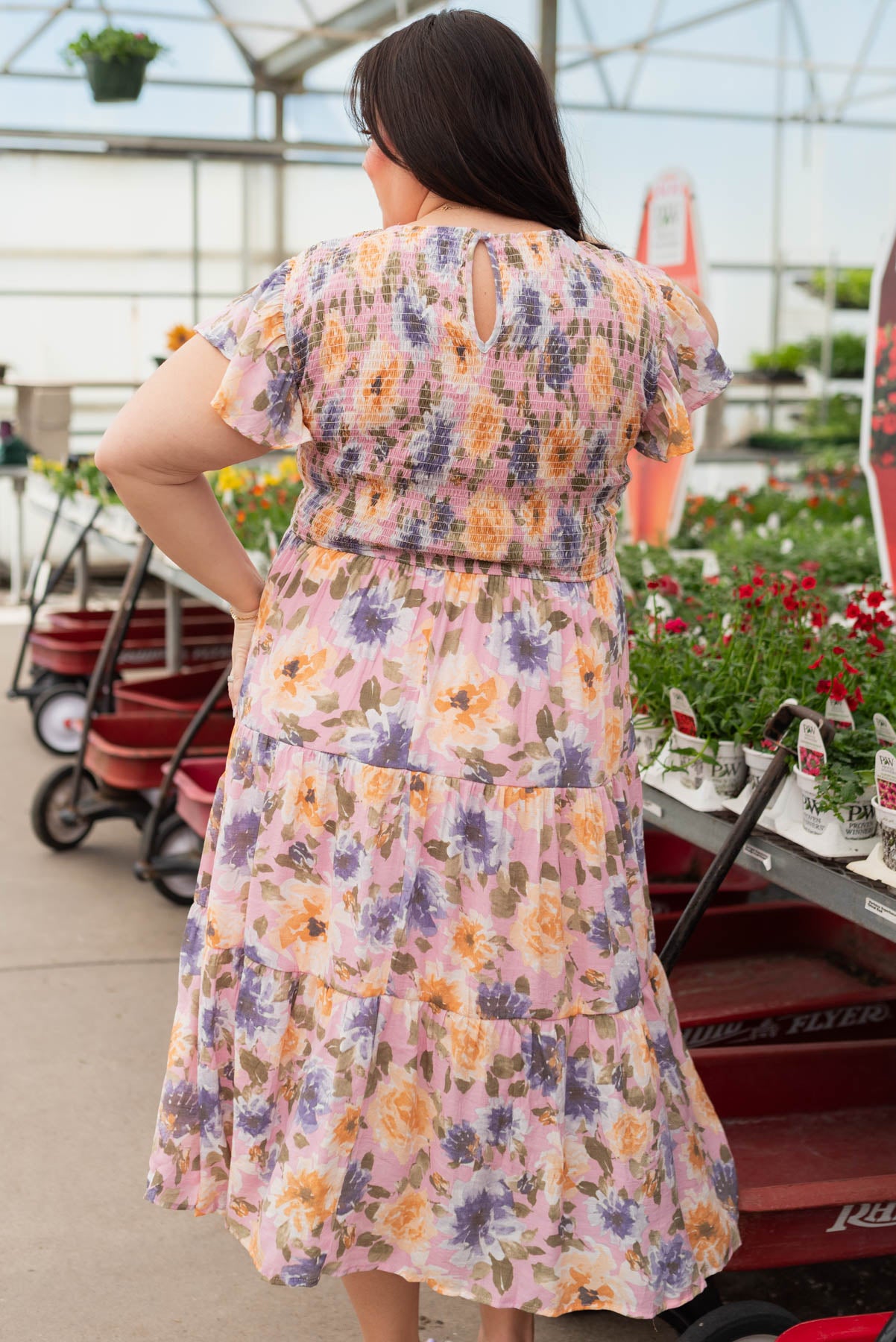 Back view of the multi colored blush floral dress with plus size