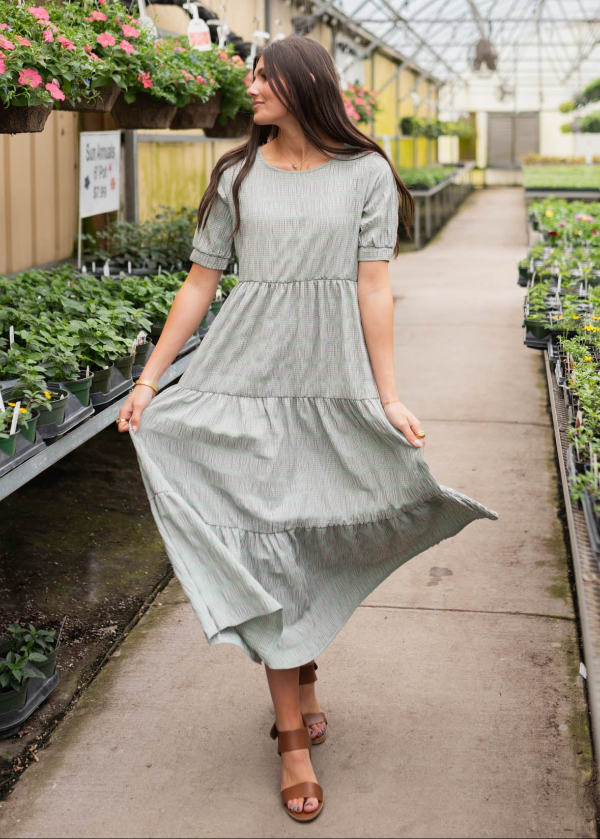 Tiered  pink and green gingham dress