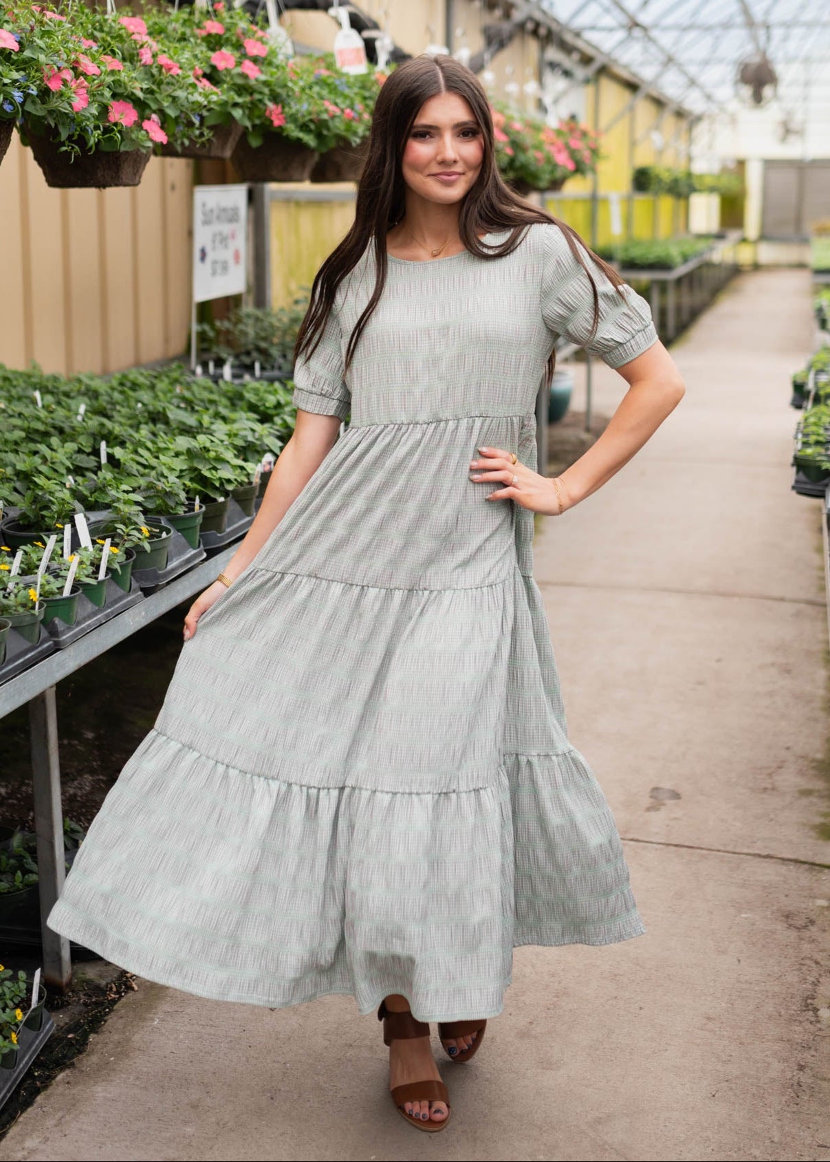 Pink and green gingham dress with short sleeves