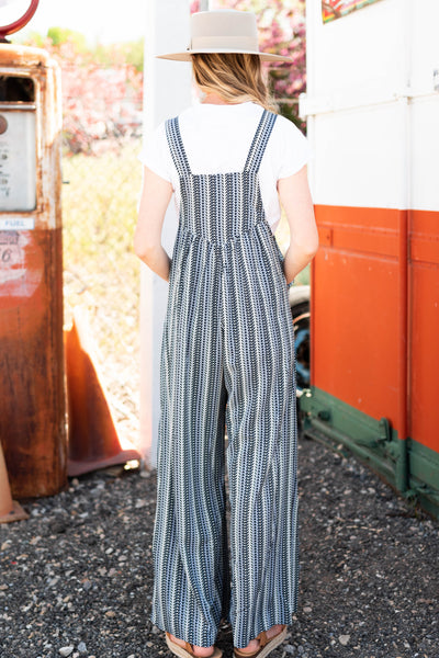 Back view of a midnight blue jumpsuit