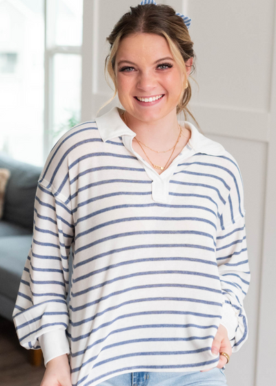 Navy striped top with white collar and cuffs