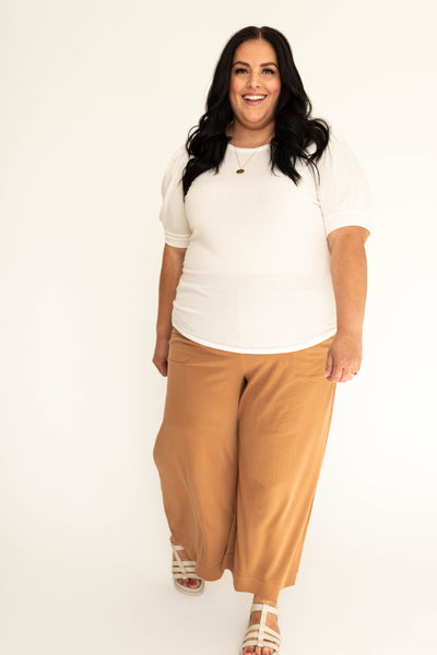 Mocha ankle length wide leg knit pants.