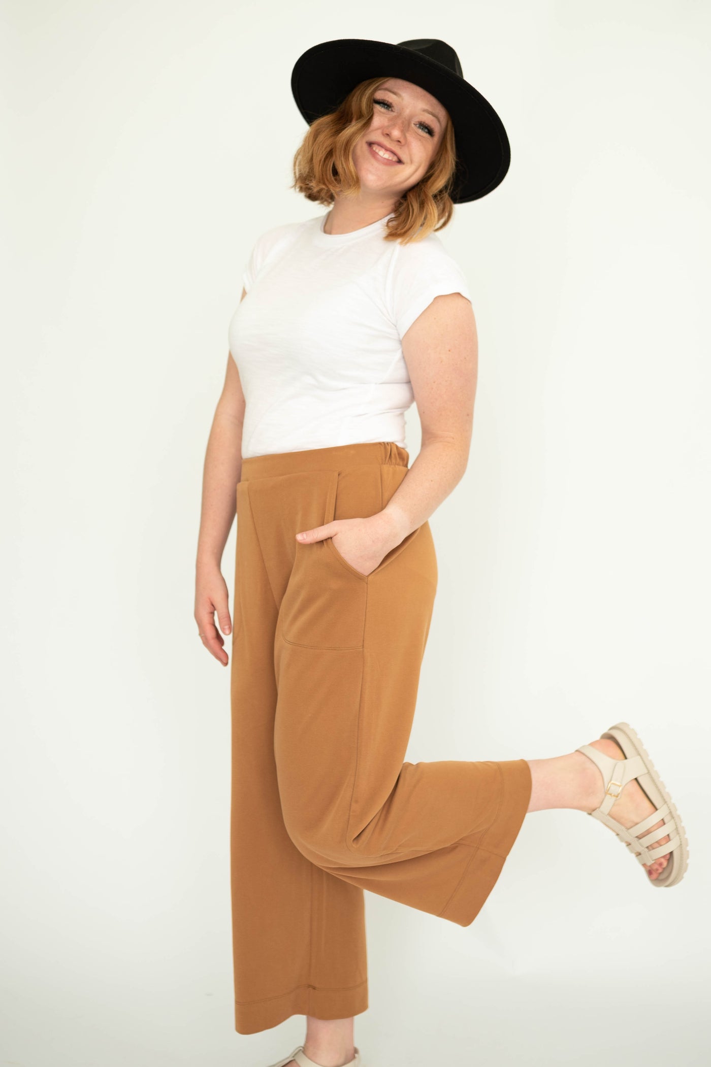 Mocha colored wide leg knit pants.