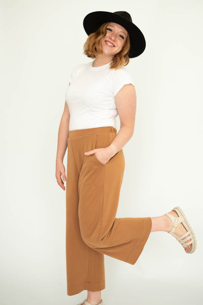 Mocha colored wide leg knit pants.