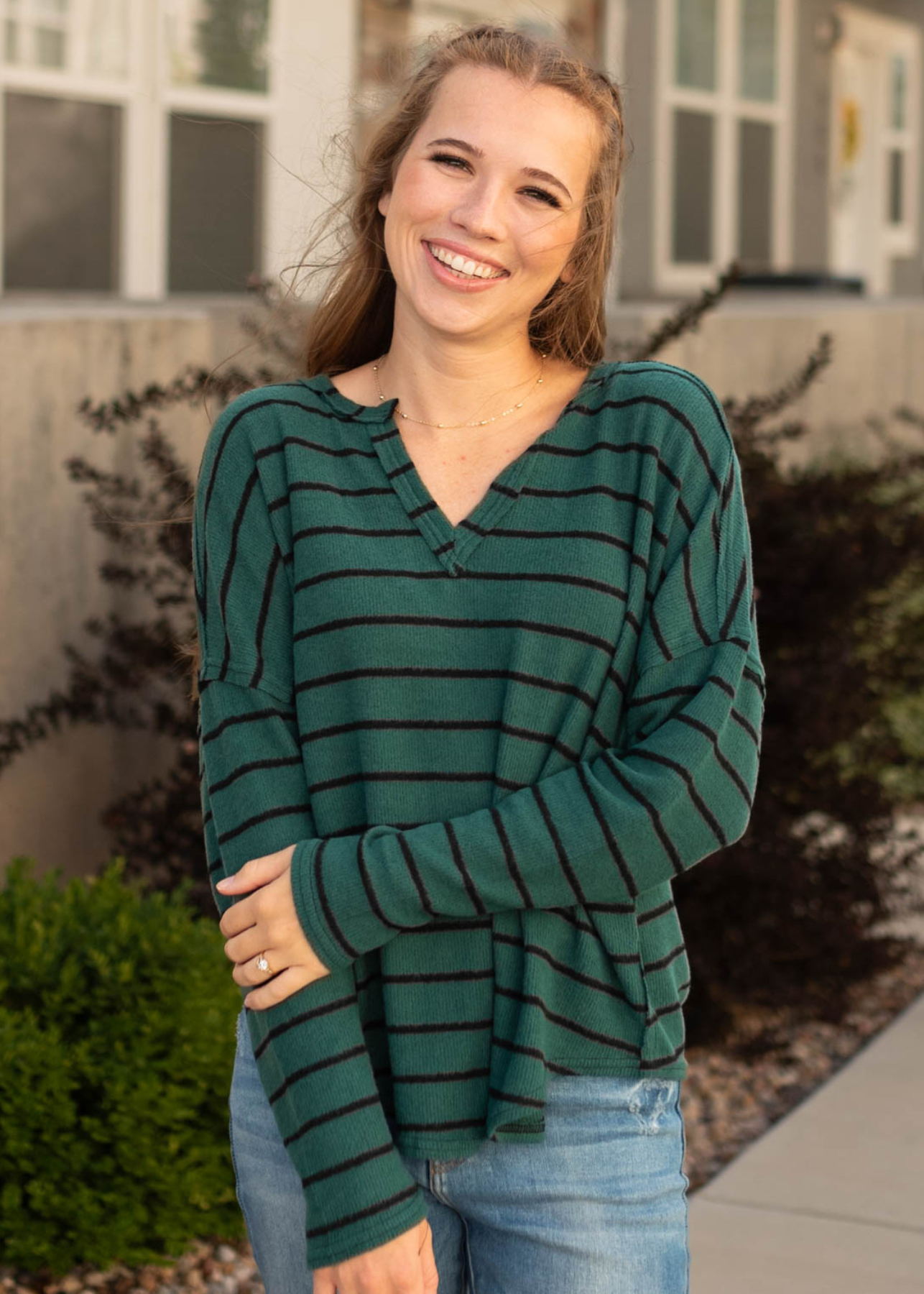 Hunter green top with black stripes