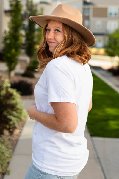 Side view of the hey boo white tee