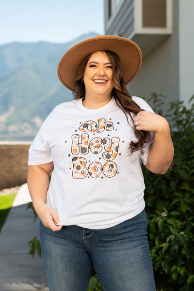Front view of a plus size boo white tee