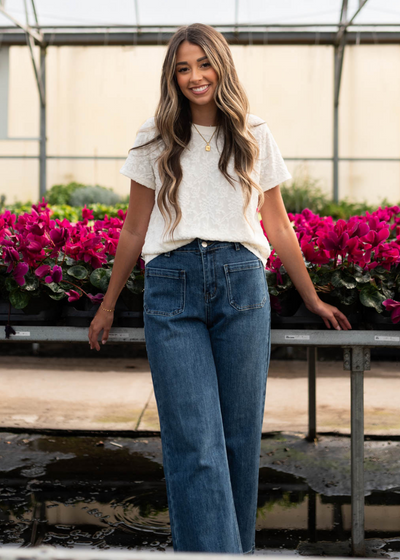 Short sleeve ivory floral textured top