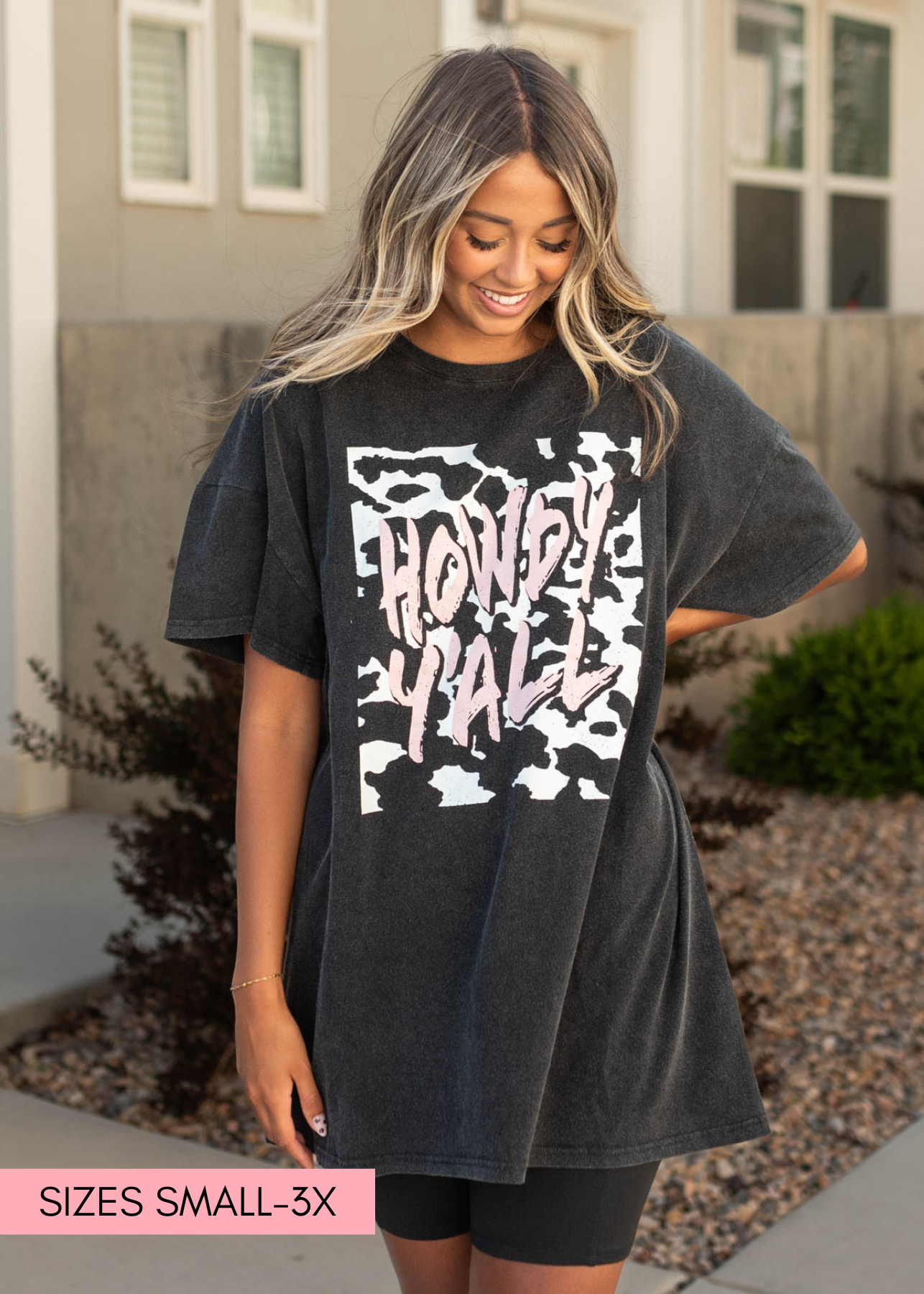 Howdy yall charcoal t-shirt dress with pink writing