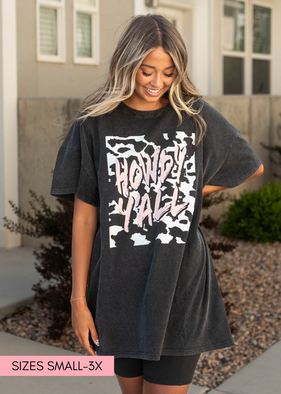 Howdy yall charcoal t-shirt dress with pink writing