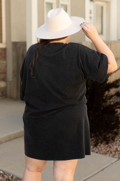 Back view of plus size howdy yall charcoal t-shirt dress