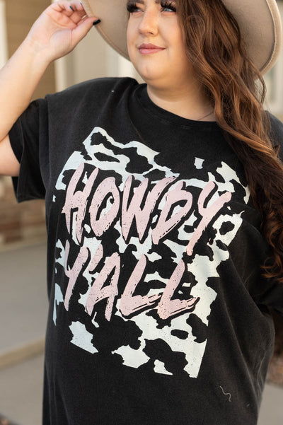 Plus size short sleeve howdy yall charcoal t-shirt dress with pink writing