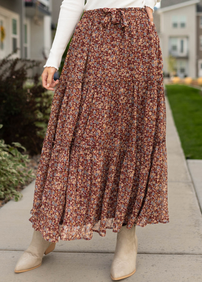 Tiered burgundy floral skirt