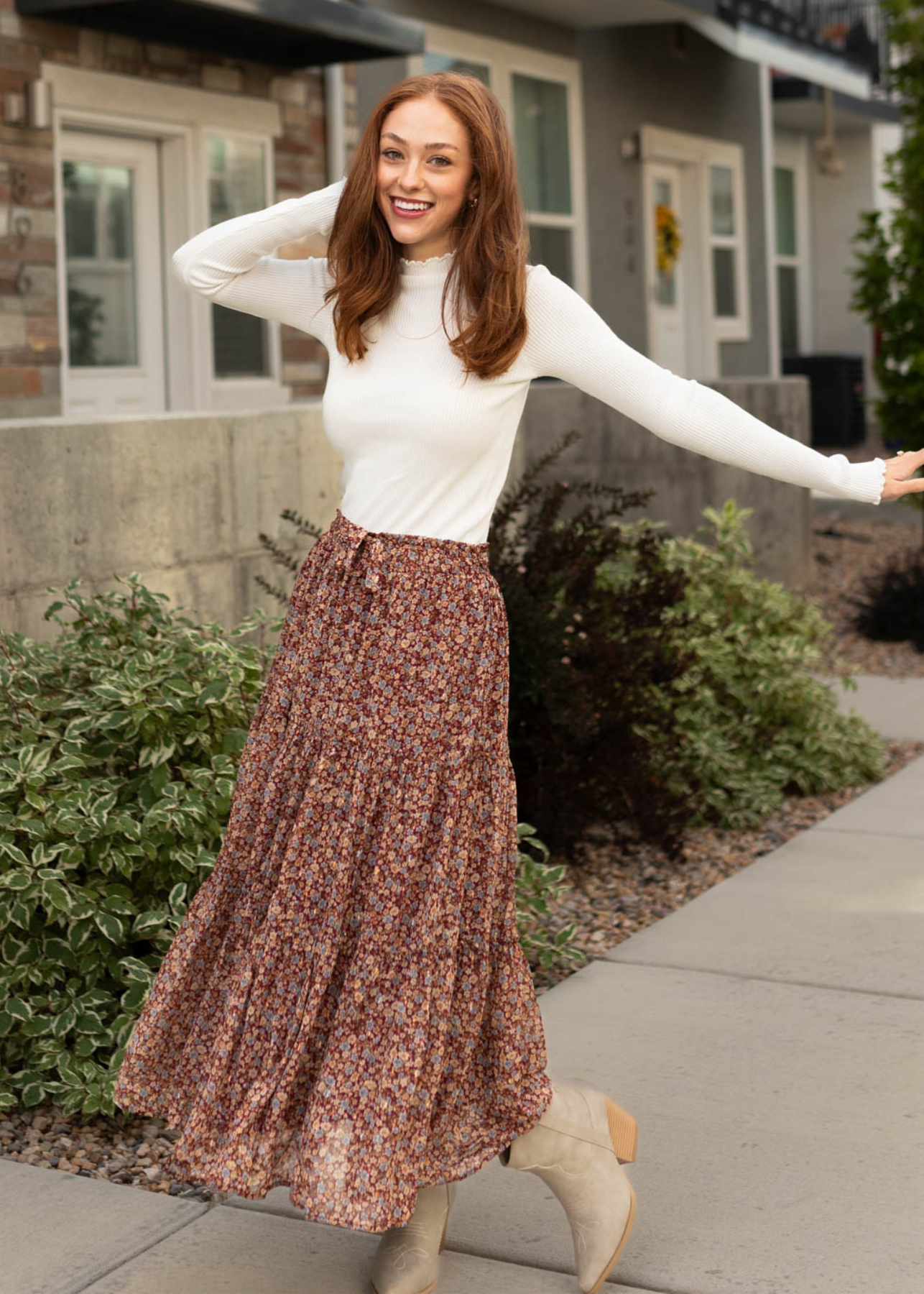 Burgundy floral skirt with a tie at the waist