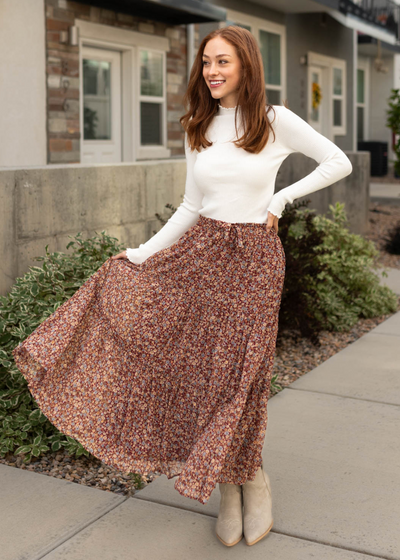 Long tiered burgundy floral skirt