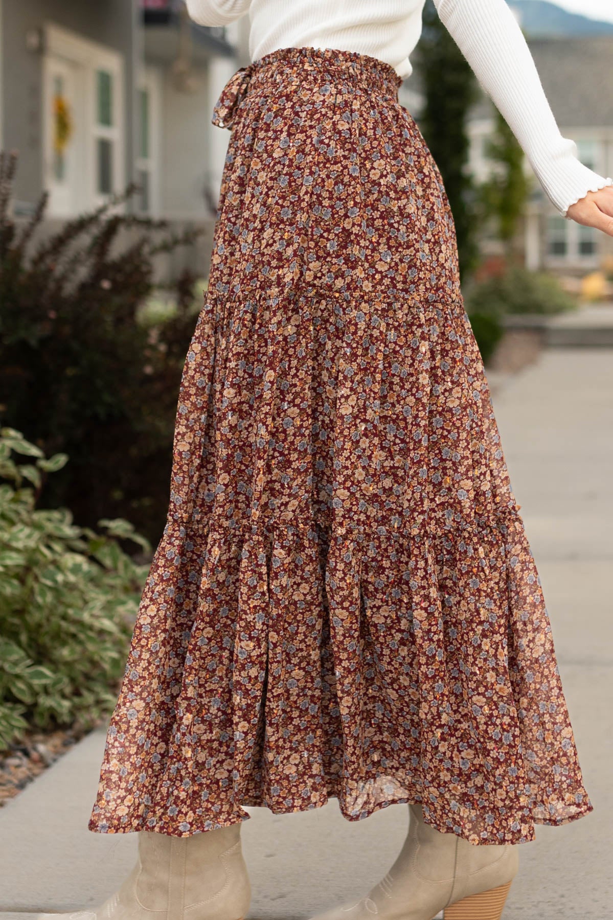 Side tiered burgundy floral skirt