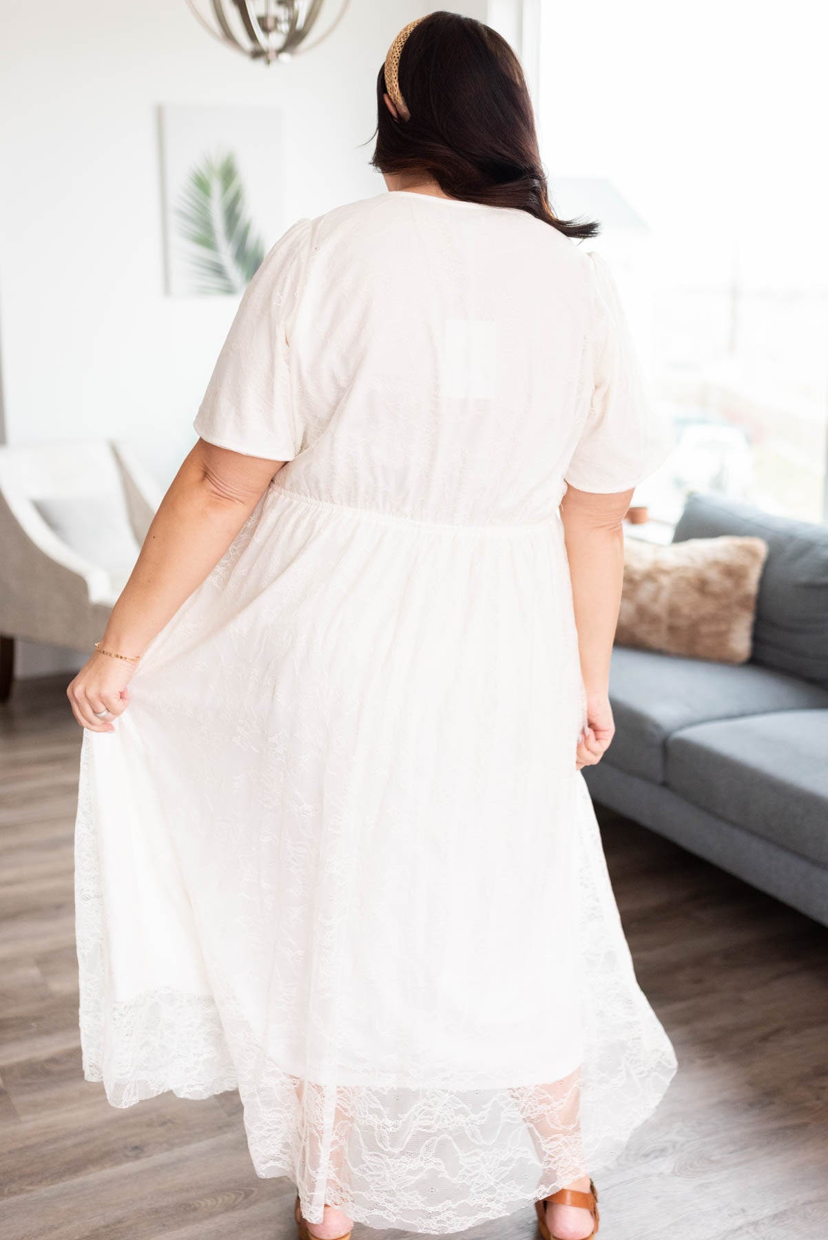 Back view of the plus size white lace dress