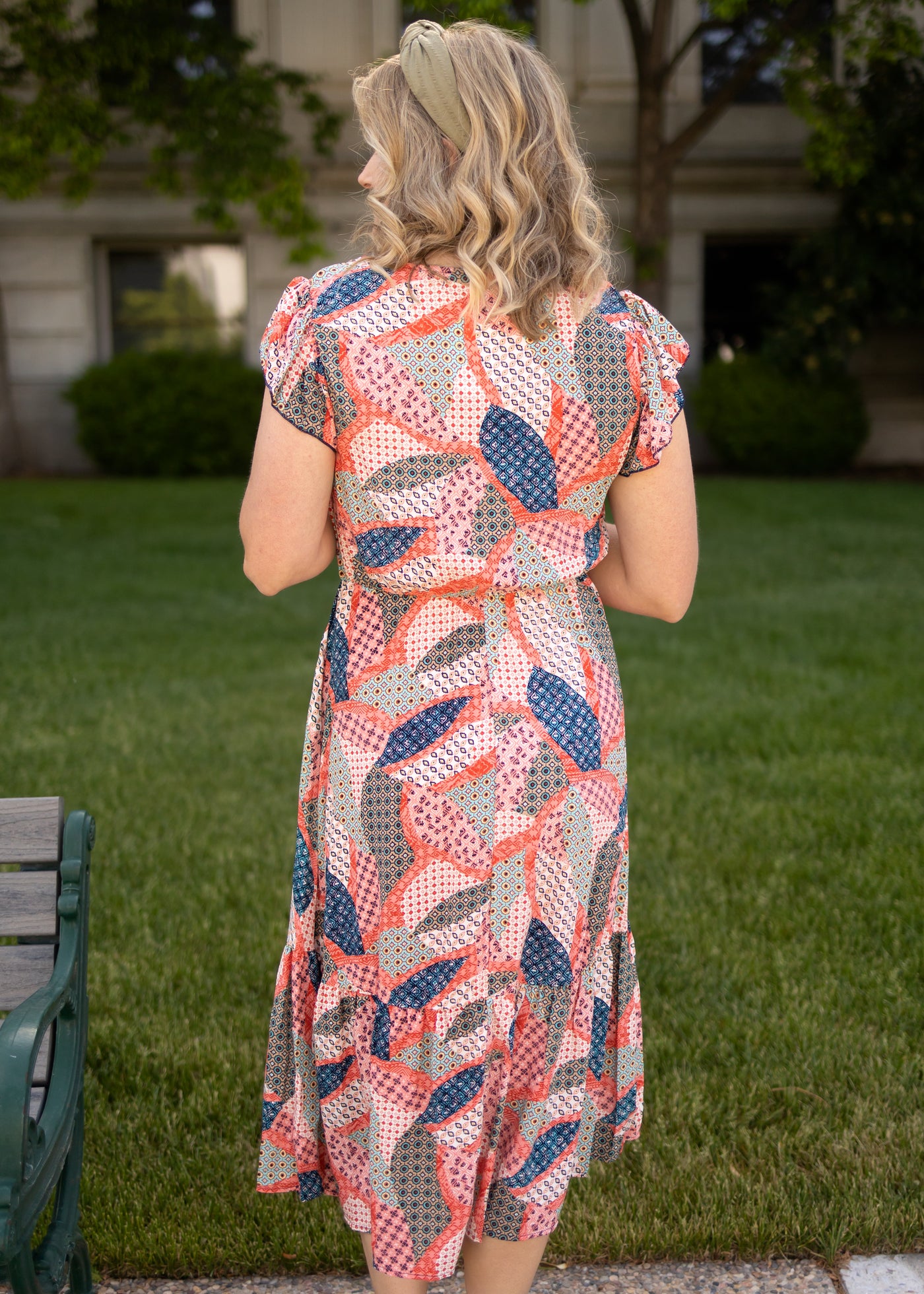 Back view of a short sleeve multi dress