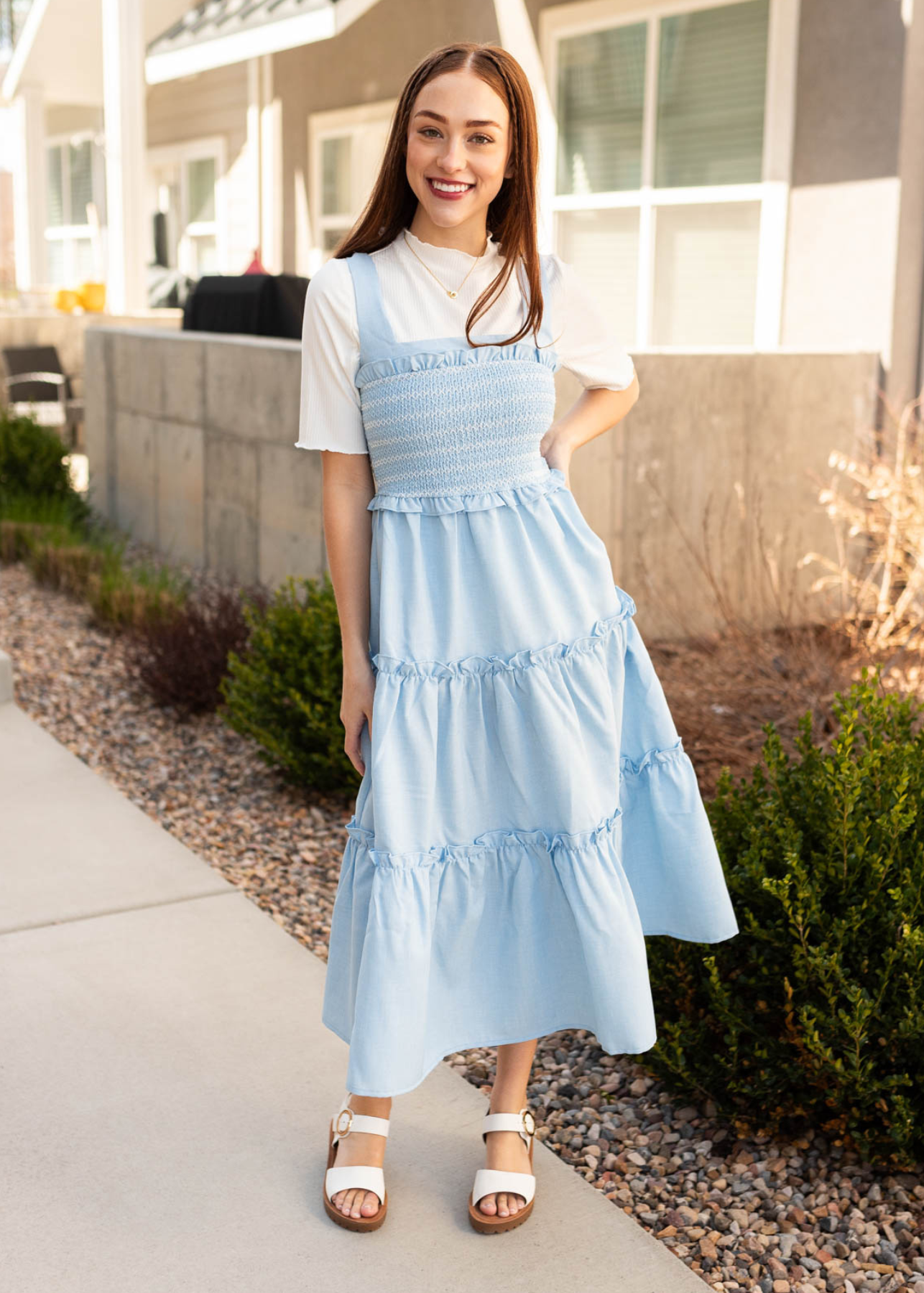 smocked top blue square neck dress with tiered skirt
