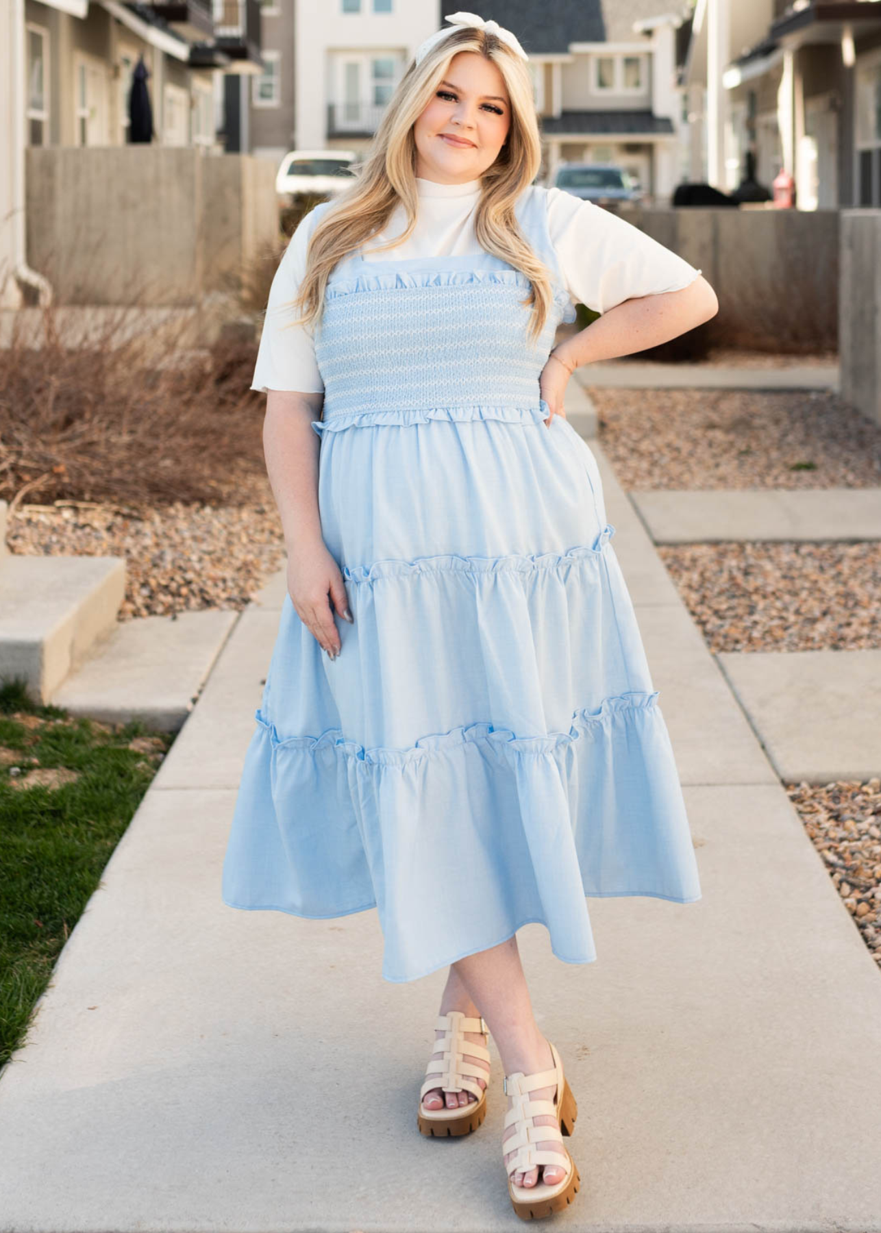 Blue square neck dress with smocked bodice
