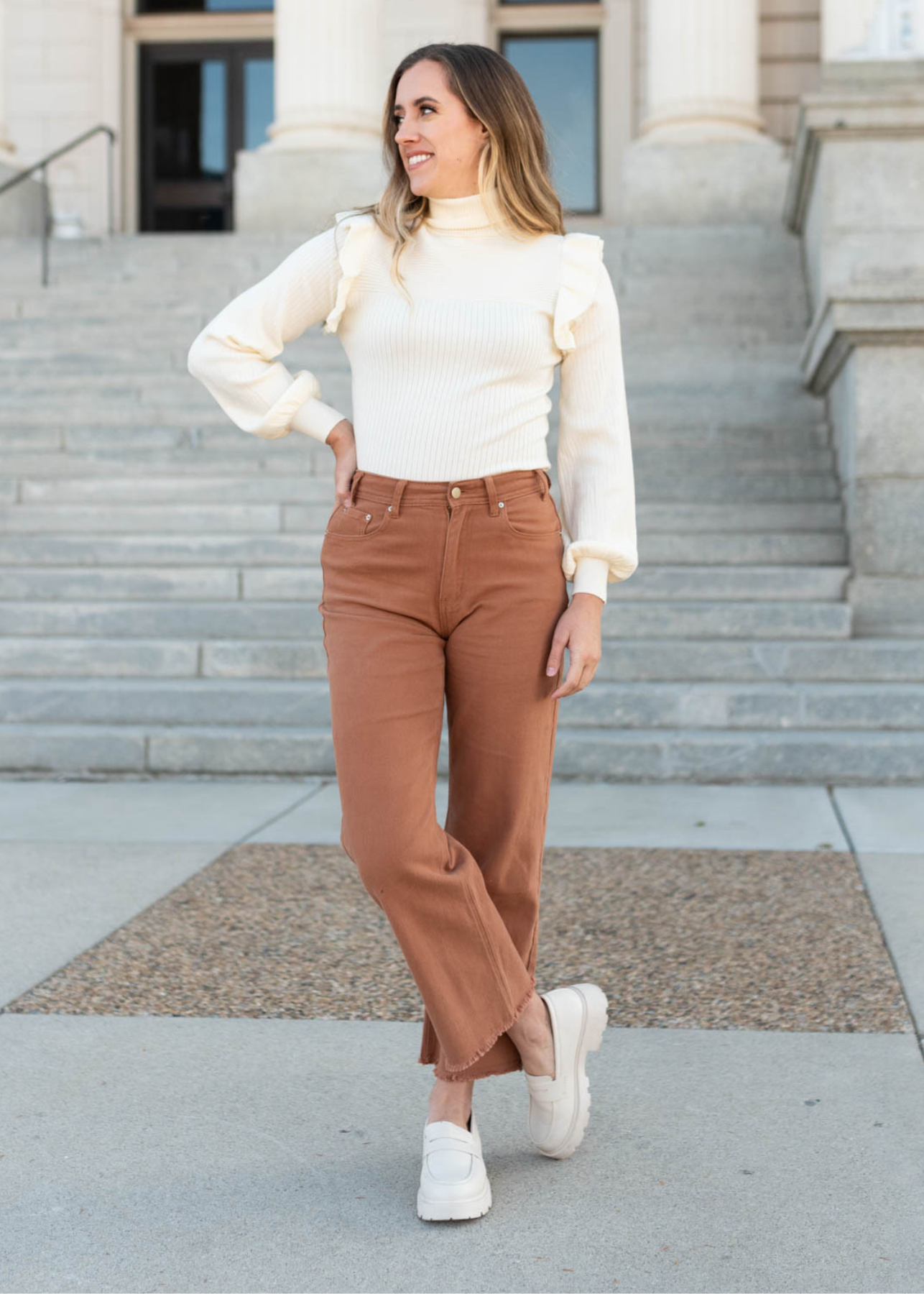 Ivory ruffle turtleneck sweater with long sleeves