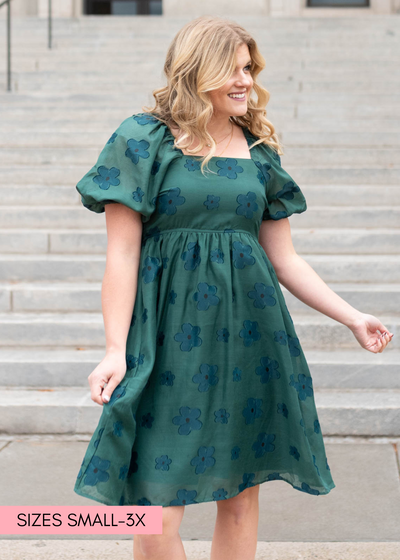Hunter green floral dress with blue flowers