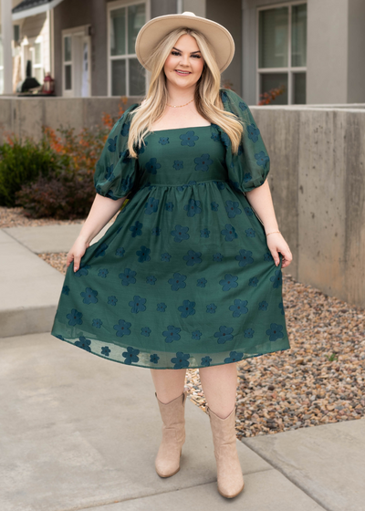 High waisted plus size hunter green floral dress