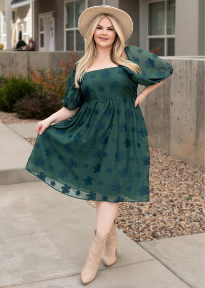 Short sleeve hunter green floral dress