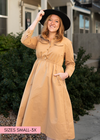 Long sleeve camel dress with front pockets