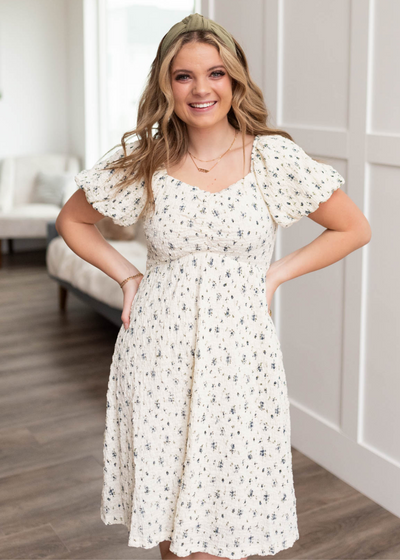 Ivory floral dress with short sleeves