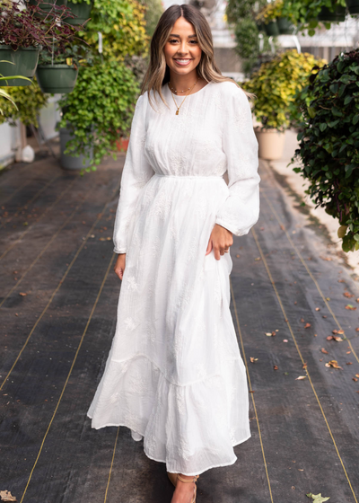 Long sleeve embroidered white dress