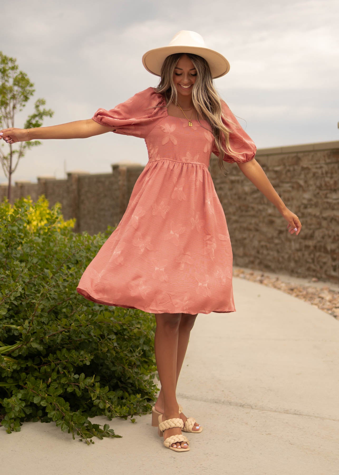 Short sleeve dusty rose dress with square neck