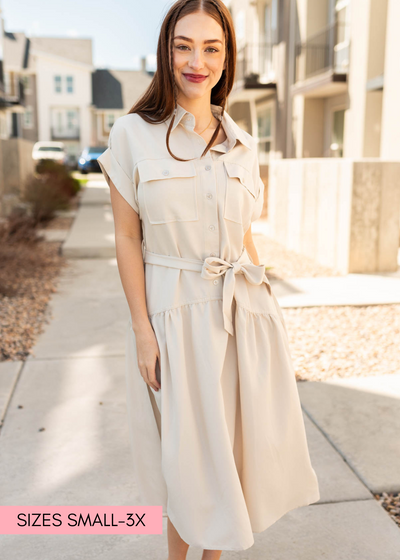 Beige button down dress with a tie at the waist