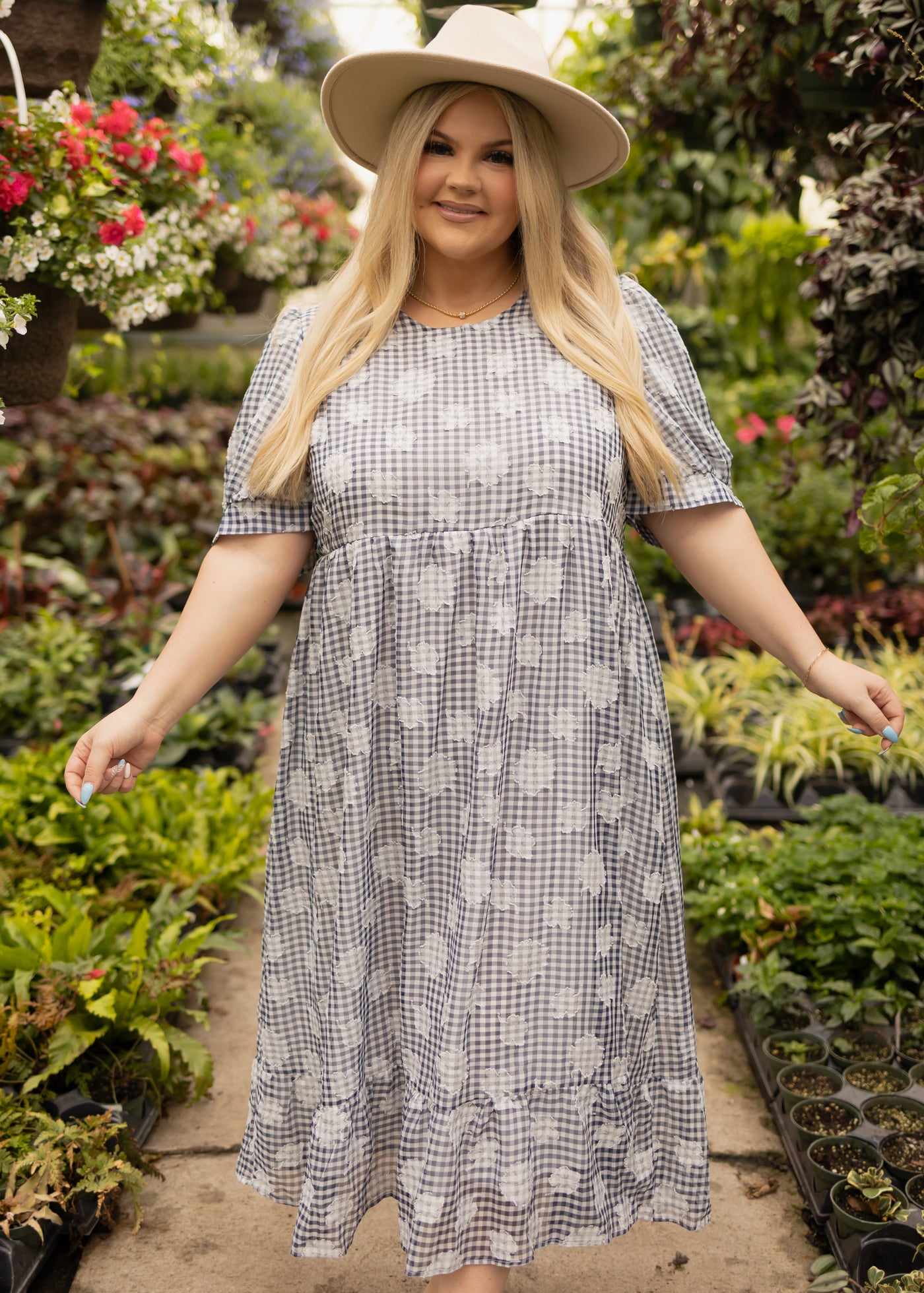 Plus size navy dress with white flowers