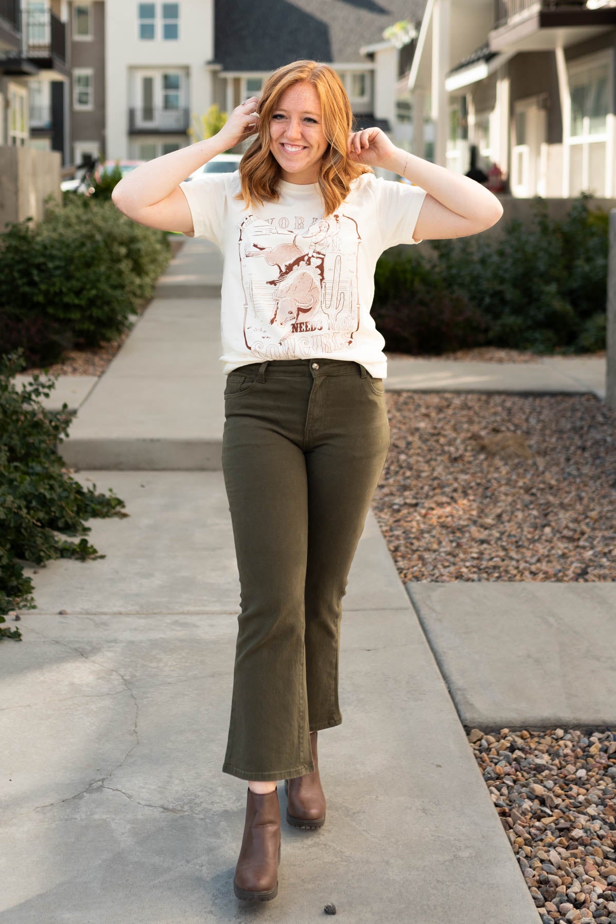 Olive pants in a bootcut style
