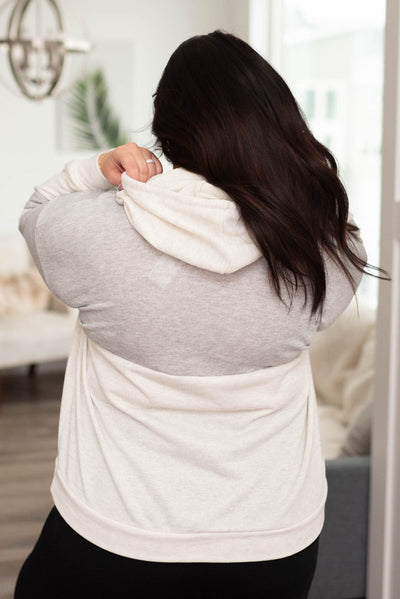 Back view of a plus size grey block hoodie