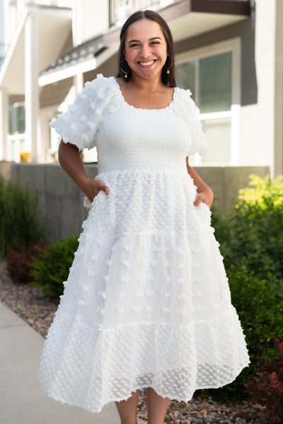 Short sleeve large white dress with smocked bodice